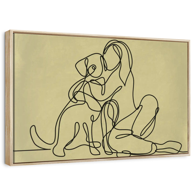 Femme aimant un chien, 19 po x 13 po, Cadre flottant en bois naturel