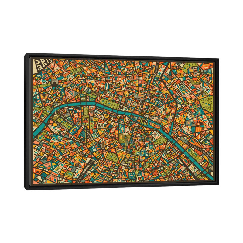 «Paris Street Map», impression sur toile tendue, H 18 po x l 26 po x P 1,5 po, Toile avec cadre noir, Pas de tapis