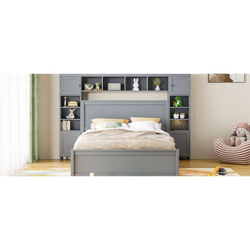 Grand lit attrayant avec armoire de rangement intégrée, tablette et prises - Options de prises majestueuses grises, Gris