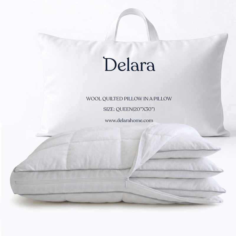 Oreiller en laine néo-zélandais ajustable 3-en-1 Delara - Coquille de coton biologique certifiée GOTS, housse matelassée en laine 200 g / m², boîte à cloisons, traverses latérales / dos / ventre, compatible avec la colonne vertébrale - grand 20 po x 30 po
