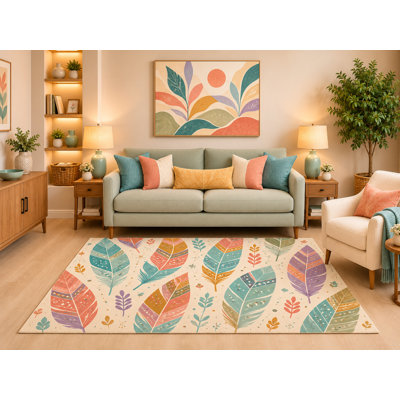 "Ultra Lightweight" 5'x7' Boho Colorful Feather Area Rug Scandinavian Botanical Nature Leaf Pattern for Living Room Bedroom Nursery Kids Room Playroom Non-Slip Silicone Backing Low Pile