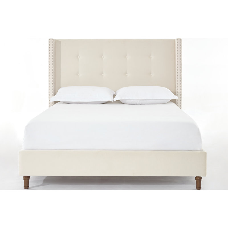 54" Headboard Queen Bed, Velvet Upholstery, No Box Spring, Easy Assembly Procedure, Traditional Button Tufting, Nailhead Trimmed Wingback Bed Upholstered Tall Headboard, Cover, Spring Not Required,