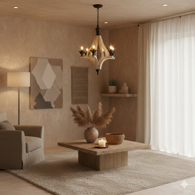 Lustre en bois à six lumières, suspendu par une chaîne avec longueur de chute personnalisable, pour les cuisines, les salles à manger, les foyers et les entrées (ampoules non incluses).
