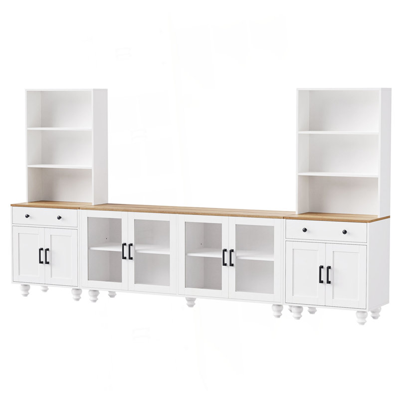 Farmhouse TV Stand With Solid Wood Gourd-Shaped Legs For Tvs Up To 70", Entertainment Center With Bookshelves & Tempered Glass Doors, Media Console With Adjustable Shelves, Living Room
