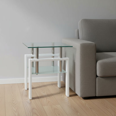 Table de bout carrée 20 po en verre et métal transparent avec tablette