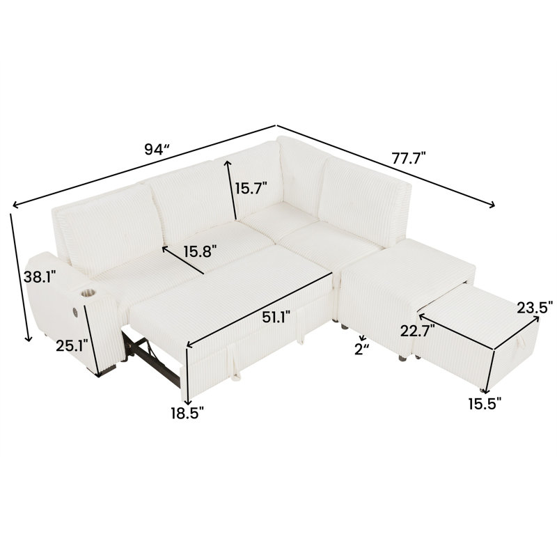 Canapé-lit modulaire rembourré avec repose-pieds et rangement, Velours côtelé blanc crème