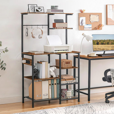 Large Bakers Rack with Power Outlets, 6-Tier Microwave Stand with 4 Hooks, Coffee Bar, Kitchen Shelf with Wire Basket, (Rustic Brown and Black)