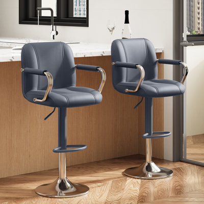 Tavion Adjustable Swivel Faux Leather Bar Stool with Armrests and Footrest