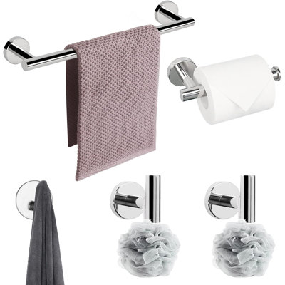 Ensemble de quincaillerie de salle de bain 5 pièces - Porte-serviettes en acier inoxydable 304, porte-papier hygiénique et 3 crochets multifonctionnels - Finition chromée durable et résistante à la rouille