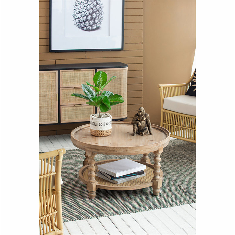 Stylish and Functional Wooden End Table with Open Cane Shelf for Versatile Use in Living Room or Bedroom
