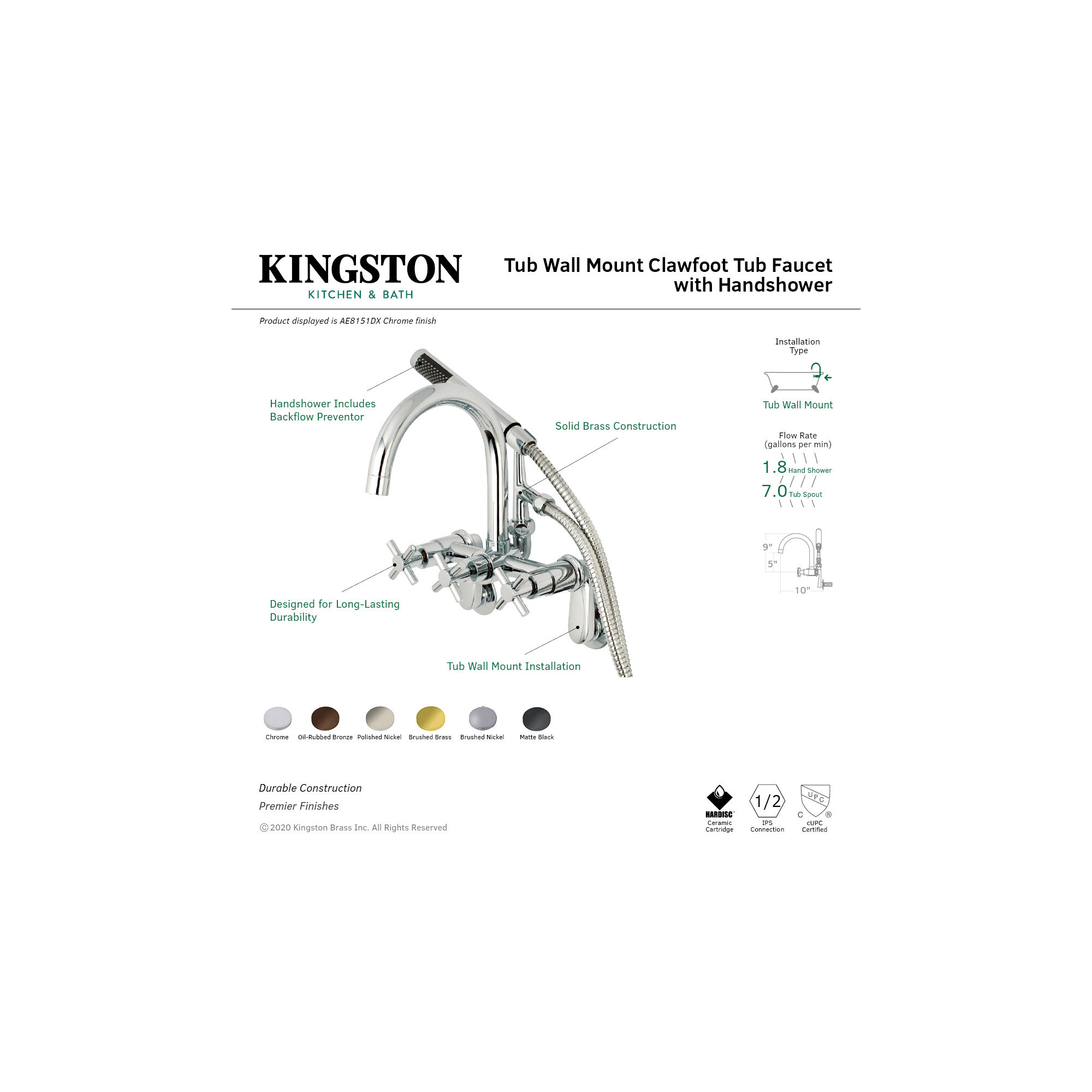 Kingston Brass Concord Three-Handle 2-Hole Tub Wall Mount Clawfoot Tub Faucet with Hand Shower, Oil Rubbed Bronze