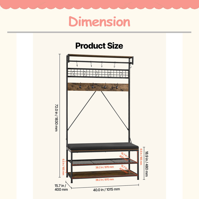 Hall Tree, 72 In Coat Rack With Shoe Bench, 2-Tier Freestanding Shoe Rack Storage Organizer With Hooks, Hanging Rod And Wire Shelf