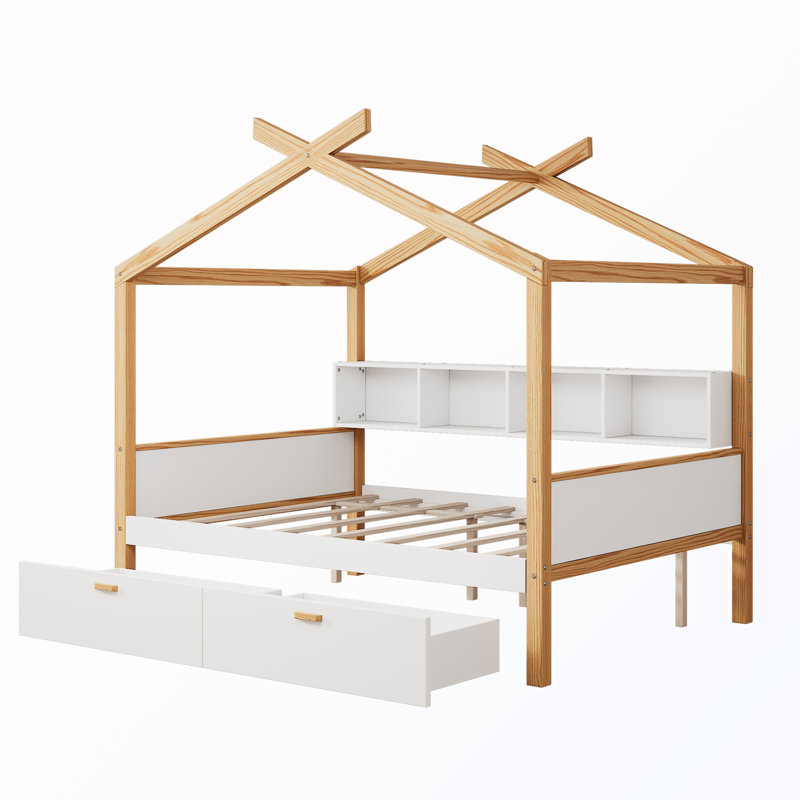 Lit double en bois avec 2 tiroirs et rangement pour bibliothèque, Double