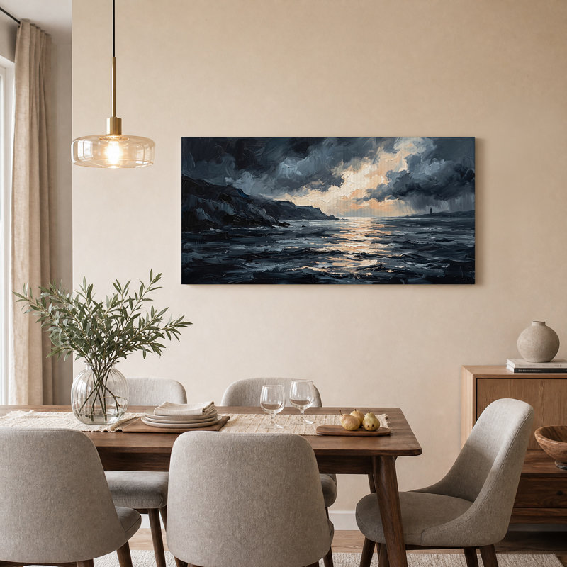 Art mural sur toile bleu foncé avec phare et ciel doré, L 40 po x H 20 po