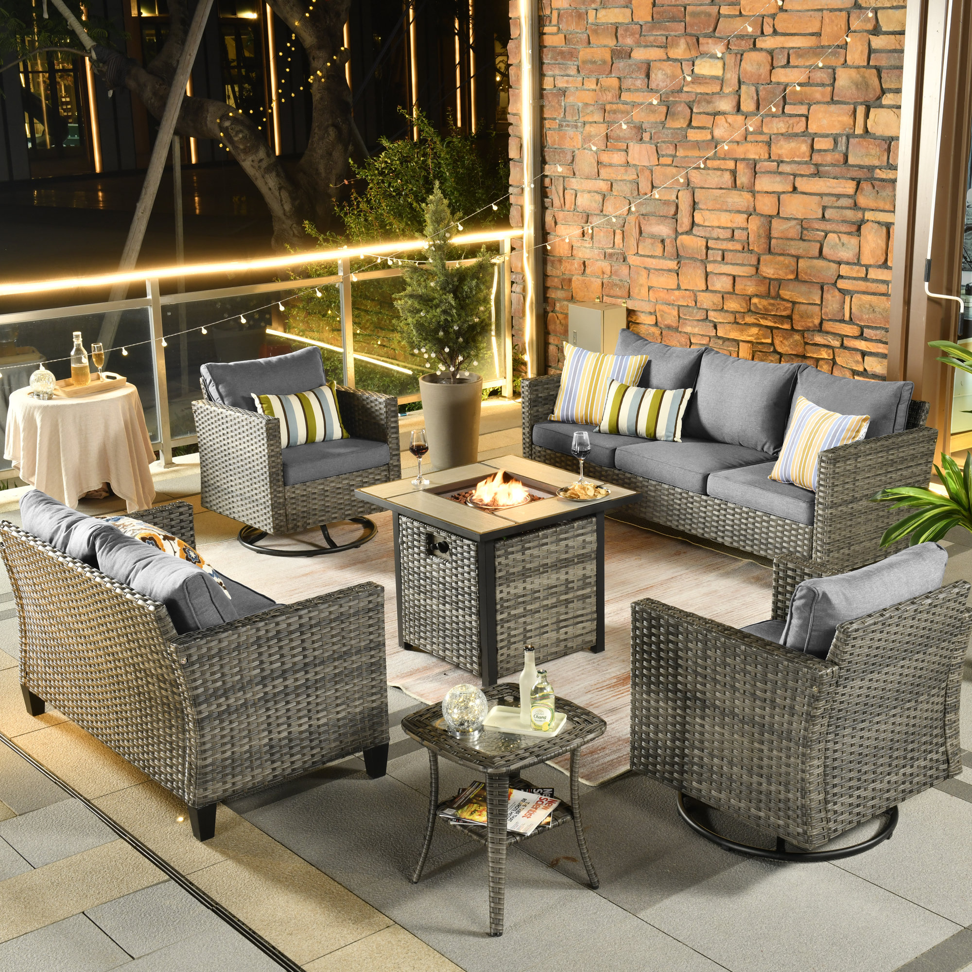 Ebern Designs Lovall Rattan Wicker 7 - Person Seating Group with Fire ...