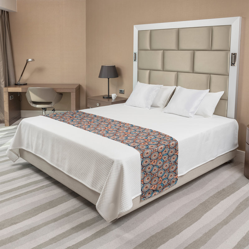Ambesonne Abstract Bed Runner Hand Drawn Circles Dashes Dark Peach Sky Blue, King