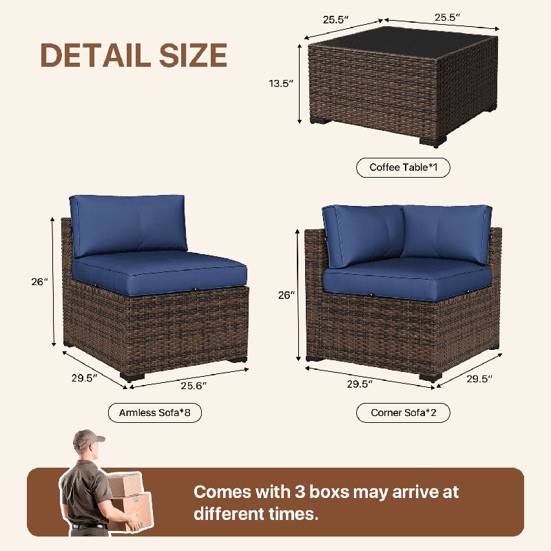 Ensemble de conversation modulaire en rotin avec coussins 11 pièces , Bleu, Brun
