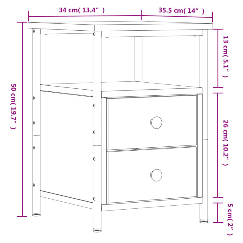 Orlie 34cm W Iron Bedside Table, Sonoma Oak