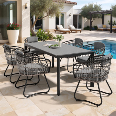 6 - Person Aluminum Patio Dining Set With Rattan Chairs And Umbrella Hole