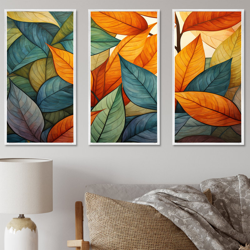 Feuilles vertes et jaunes Tranquility I - ensemble d'art mural sur toile feuilles, Cadre flottant blanc