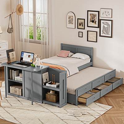 Multifunctional Wood Platform Bed With Desk And Storage Shelf At The End Of The Bed