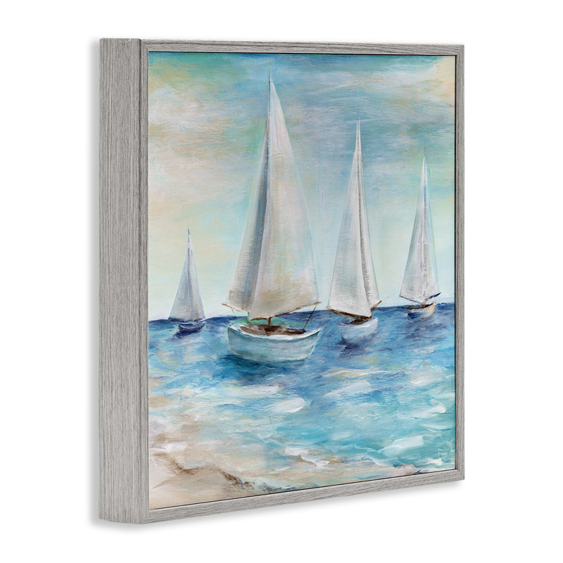 Voiliers flottant paisiblement Daytime Beach Shoreline par Marilyn Dunlap - peinture encadrée sur bois, H 24 po x l 24 po