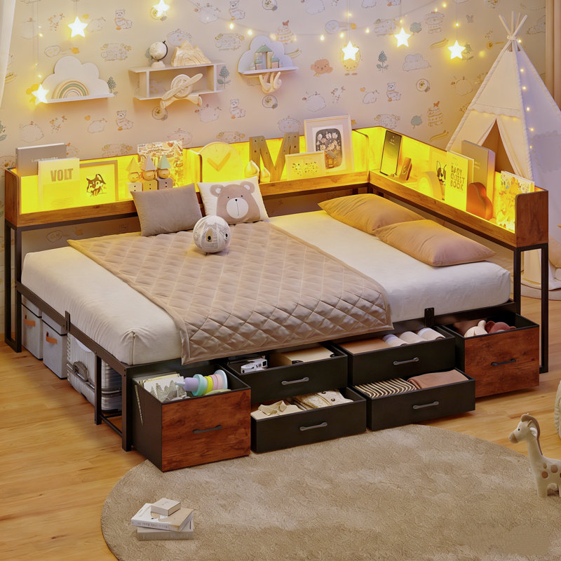 Full Daybed With Bookcase & Charging Station, Corner Bed Frame With LED Lights & 6 Storage Drawers Black & Vintage Brown