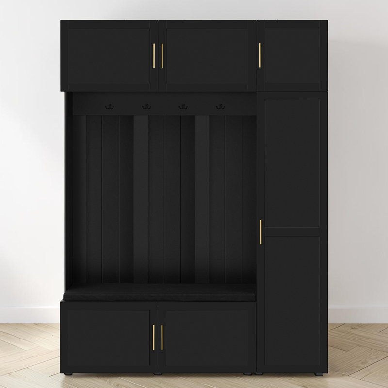 Hall Tree With Bench,  Cushioned Seat And Cabinet Organizer, Contemporary, Entryway, Black