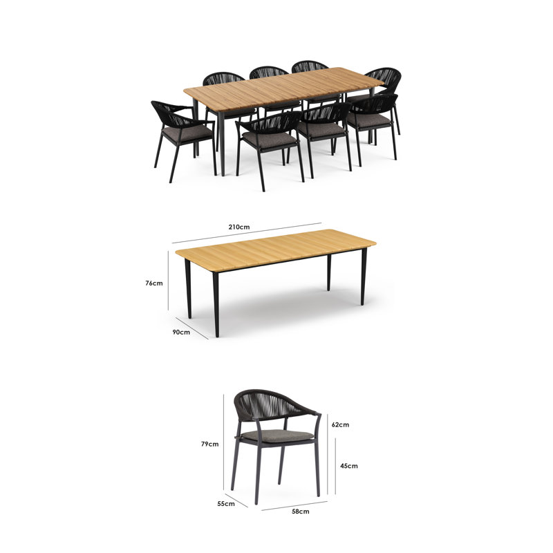 Claudia 8 Seater Rectangular Teak Dining Set in Graphite, Charcoal
