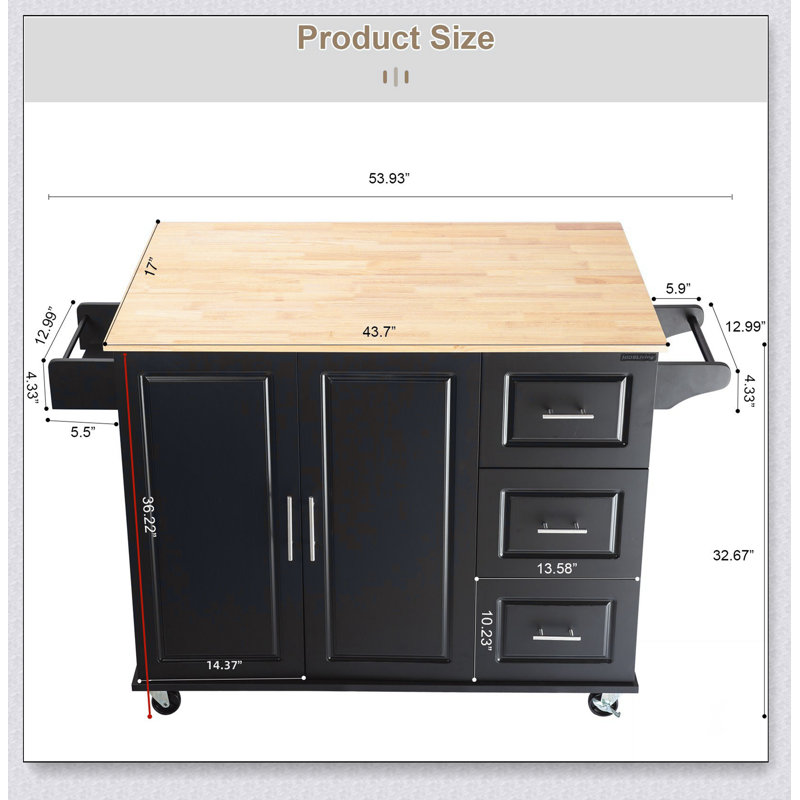 Kitchen Island & Kitchen Cart, Mobile Kitchen Island with Extensible Rubber Wood Table Top