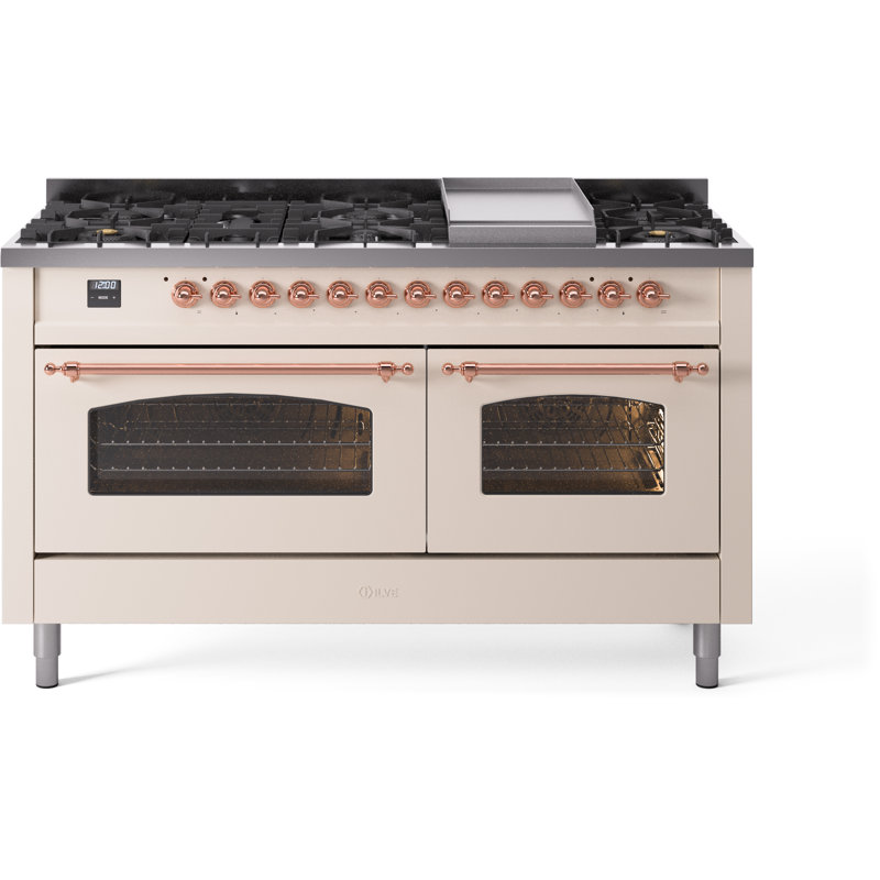 ILVE Nostalgie II 60 Dual Fuel Range, 9 Burners, Griddle, Liquid Propane, Antique White/Copper