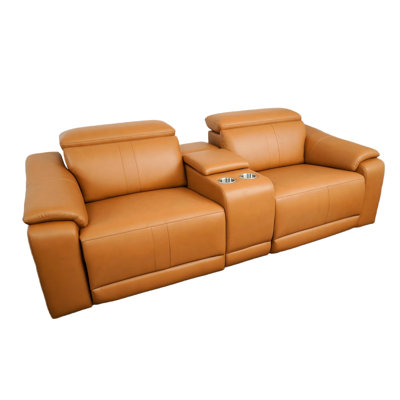 Canapé d'angle modulaire 3 places en cuir brun avec 2 porte-gobelets et fauteuil inclinable électrique, confortable et moderne pour petits espaces, style minimaliste, rembourrage en mousse haute densité respirante, rangement intégré.