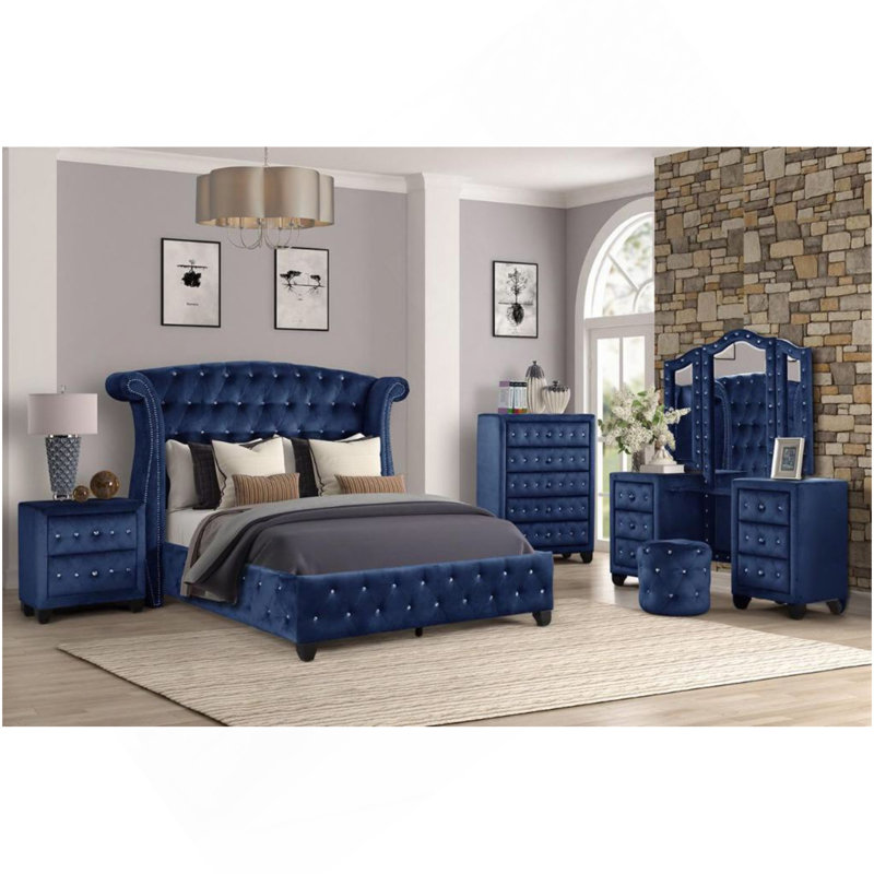 Commode capitonnée en cristal de style moderne avec 5 tiroirs et tissu en velours bleu, Bleu