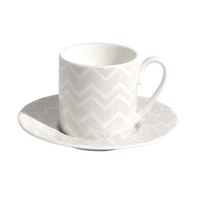Missoni Coffee Cup & Saucer ZIG ZAG In Luxury Box Diam. 2.3", H 2.5", Cap. 4 Oz, Saucer Diam. 4.75", Set of 2, White