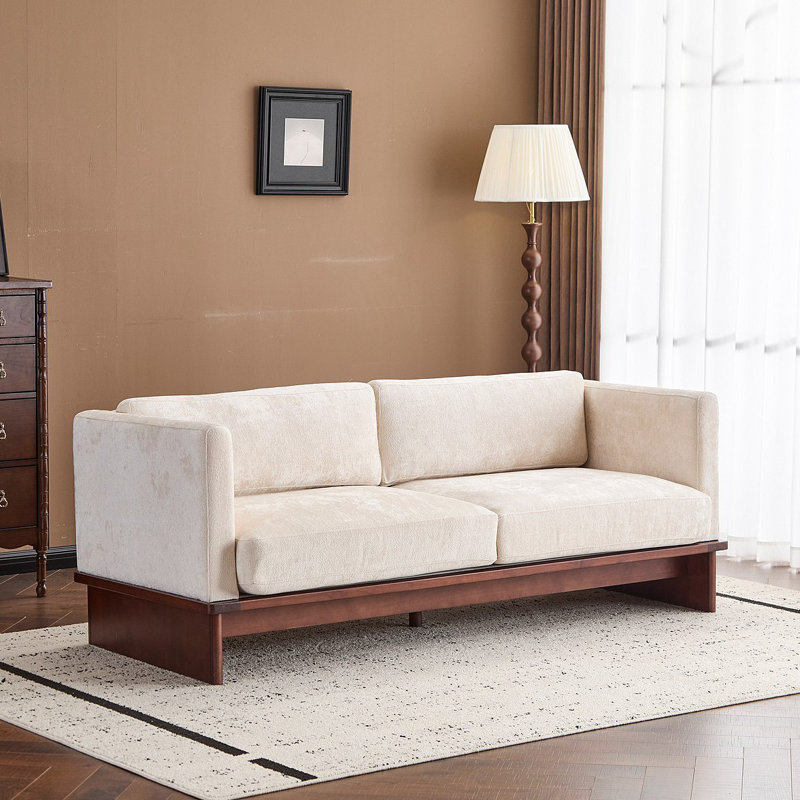77 po Canapé rembourré carré à 3 places avec accoudoirs et base en bois massif, Beige