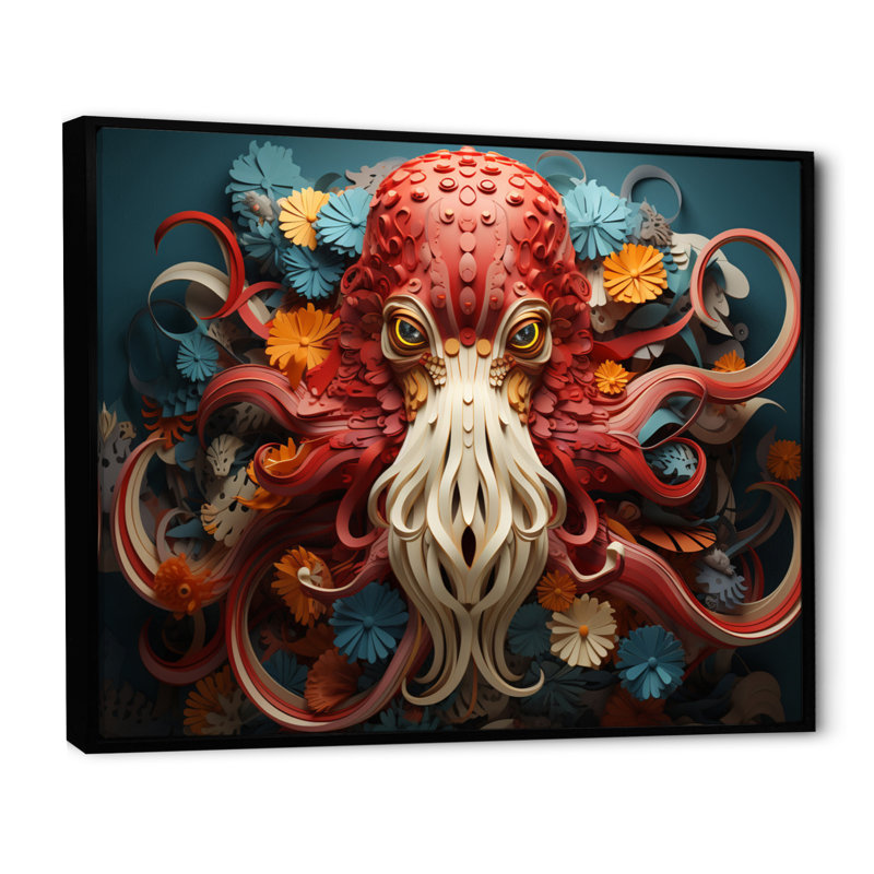 " Squid Enigmatic Cephalopod Geometric I ", 24" H x 32" W, Black Floater Framed