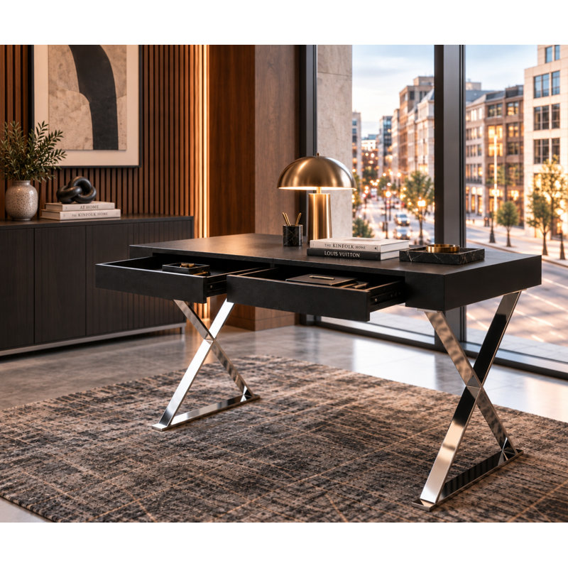 Pangea Home Alexa Modern Writing Desk – with Sleek Metal Steel Legs, Contemporary Executive Computer Table - Office, Bedroom, Entry - Black Wood Desk with Silver Legs