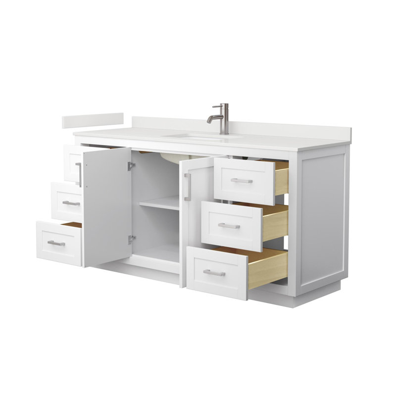 Meuble-lavabo simple autoportant de 66 po avec plateau en quartz Miranda, Quartz blanc, Blanc, Nickel brossé