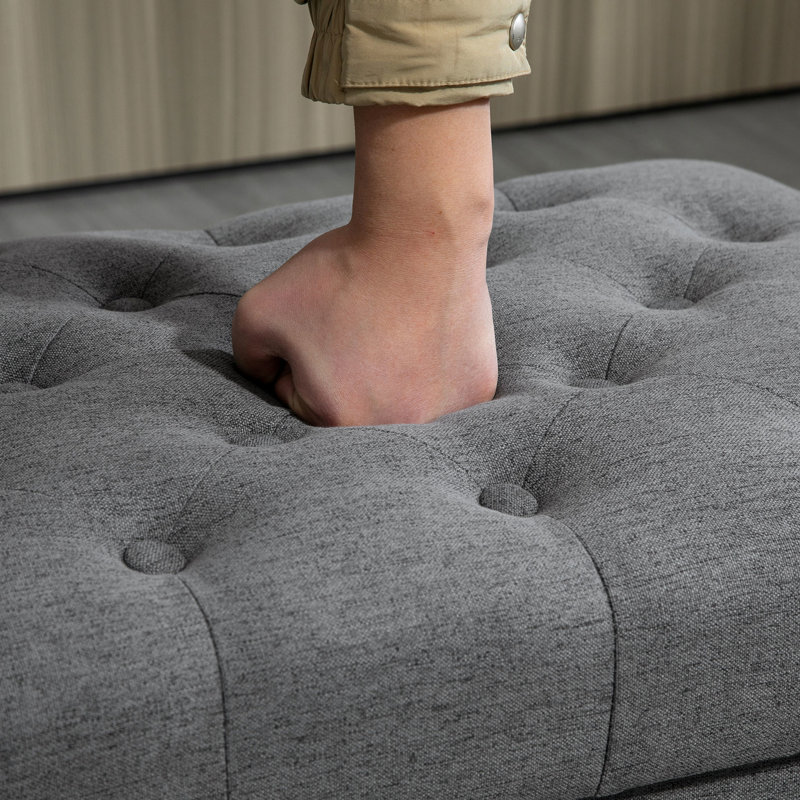 Rangement en lin gris de 25 po avec boutons et couvercle amovible, banc de repose-pieds de salon, banc à garniture cloutée avec pieds en bois