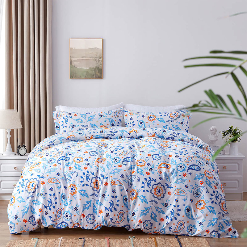 Ensemble de housse de couette réversible en microfibre bleue, Housse de couette grand et 2 taies décoratives, Fleurs colorées