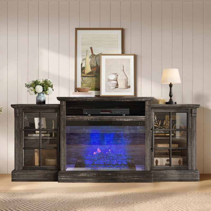 70"W Farmhouse Fireplace TV Stand for TVs up to 75" with Ample Storage Space and Adjustable Shelves,Black, Black