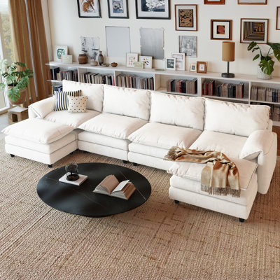 142"W Velvet Upholstery Cloud Couch, Modular Sectional Sofa, Deep 4-Seat with 2 Ottoman
