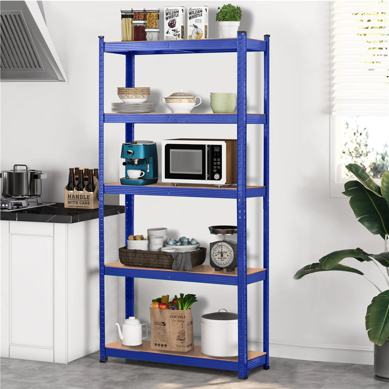Blue 5-Tier Adjustable Metal and MDF Storage Shelving Unit