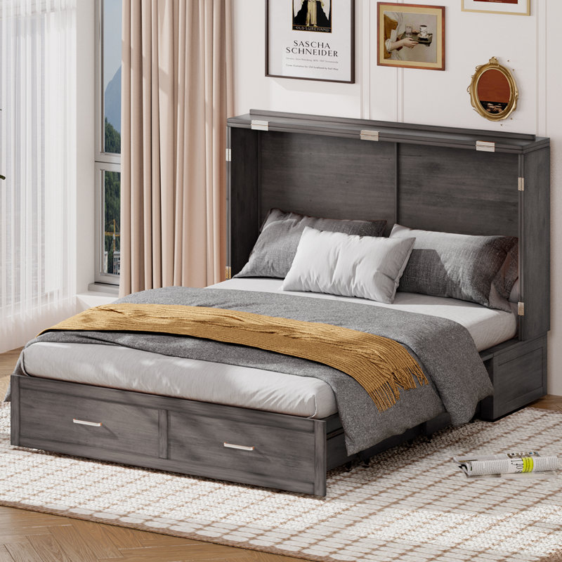 Grand lit escamotable, lit armoire intelligent avec station de charge USB et matelas à trois volets, tiroirs de rangement pour la maison