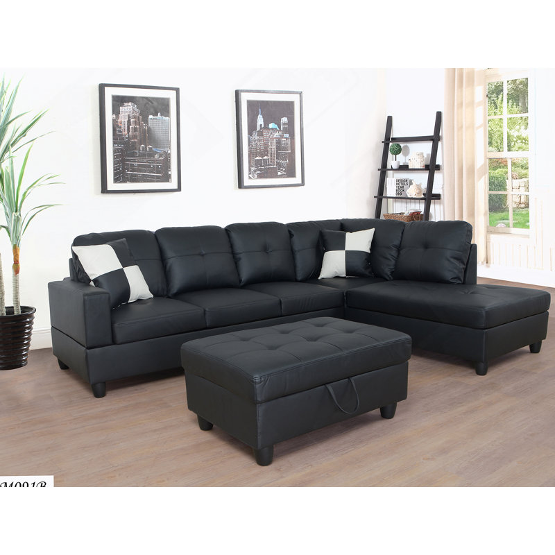 Ensemble de canapé modulaire, canapé en similicuir avec repose-pieds et rangement libre, Similicuir noir