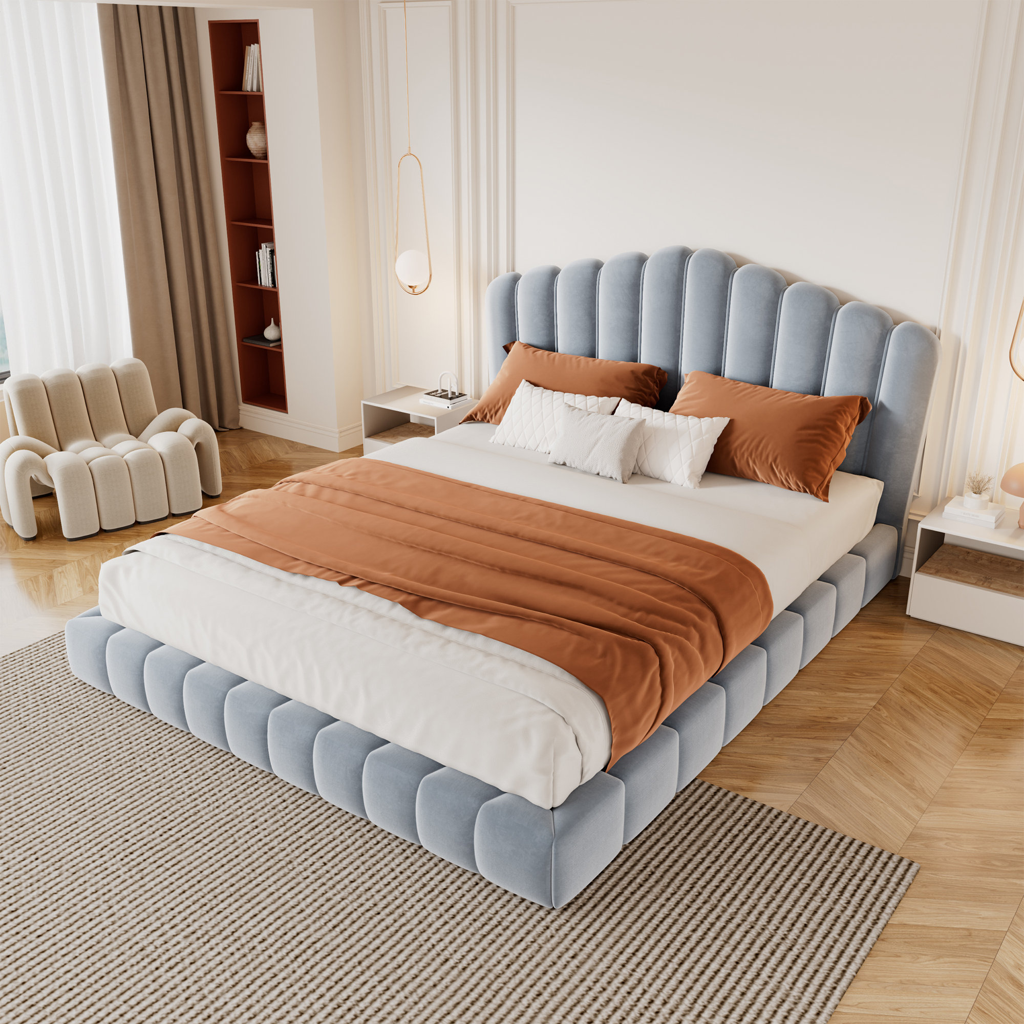 Mercer41 Queen Size Velvet Upholstered Bed Frame Floor Bed Shell-Shaped ...