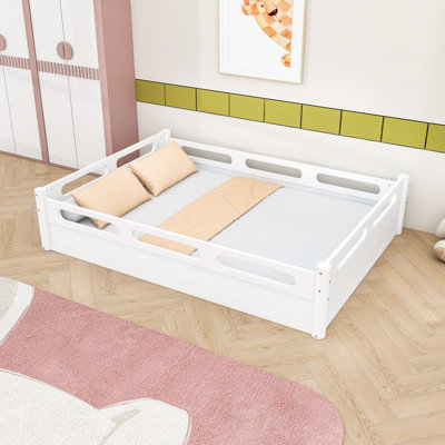 Floor Platform Bed with Surround Guardrails, Low Profile Wood Construction