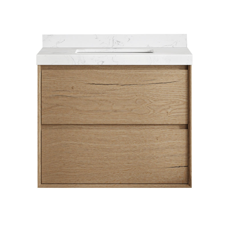 Wall-mounted Single Bathroom Vanity With Carrara White Engineered Stone Top And Ceramic Sink, 30"
