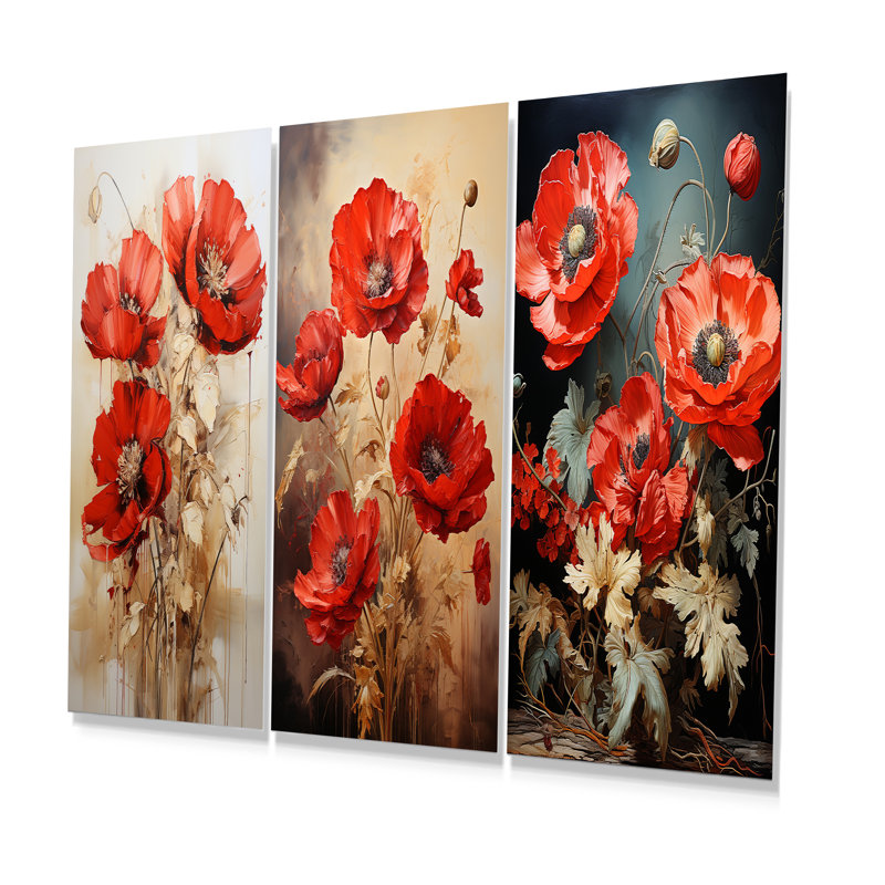 Poppies Scarlet Solitude - ensemble de 3 impressions murales en métal coquelicots, H 28 po x l 36 po