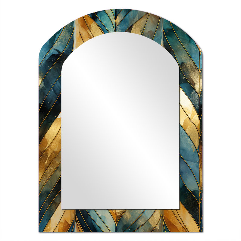 Or et vert doré rêverie chevron - grand miroir à chevron arche, décor de miroir mural asymétrique Glam, impression d'art en métal